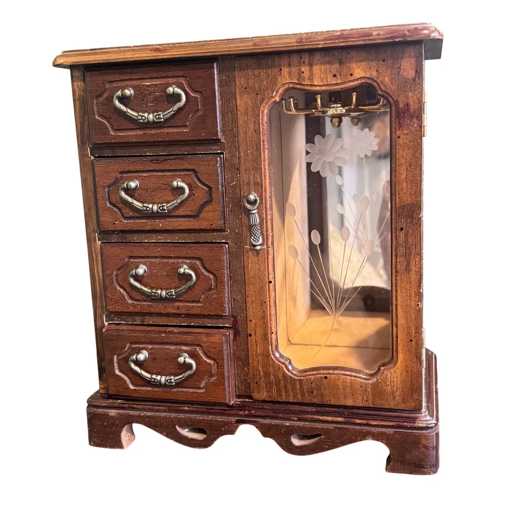 Vintage Wooden Musical Jewelry Box Armoire Etched Glass Floral Mirror Drawers